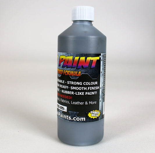 Flacon de 500g Flexipaint Gun Metal vu de face – finition acier foncé, idéale pour armures cosplay et props sci-fi.