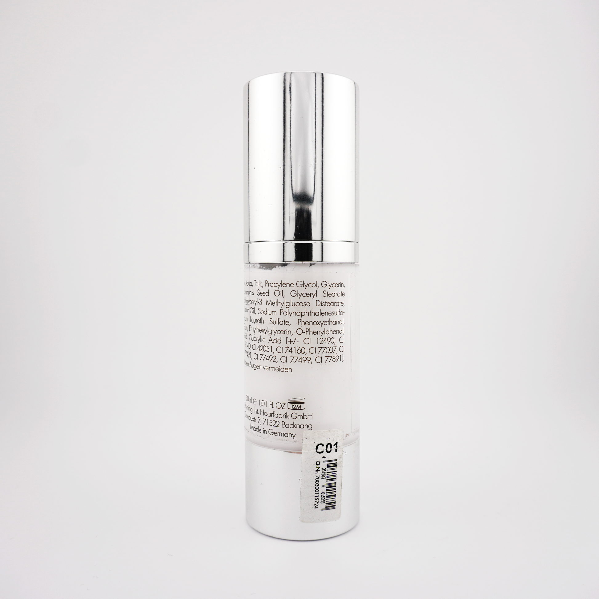 Flacon arrière Bodypaint Kiomi AquaCream blanc C01 – étiquette d’ingrédients et informations visibles.