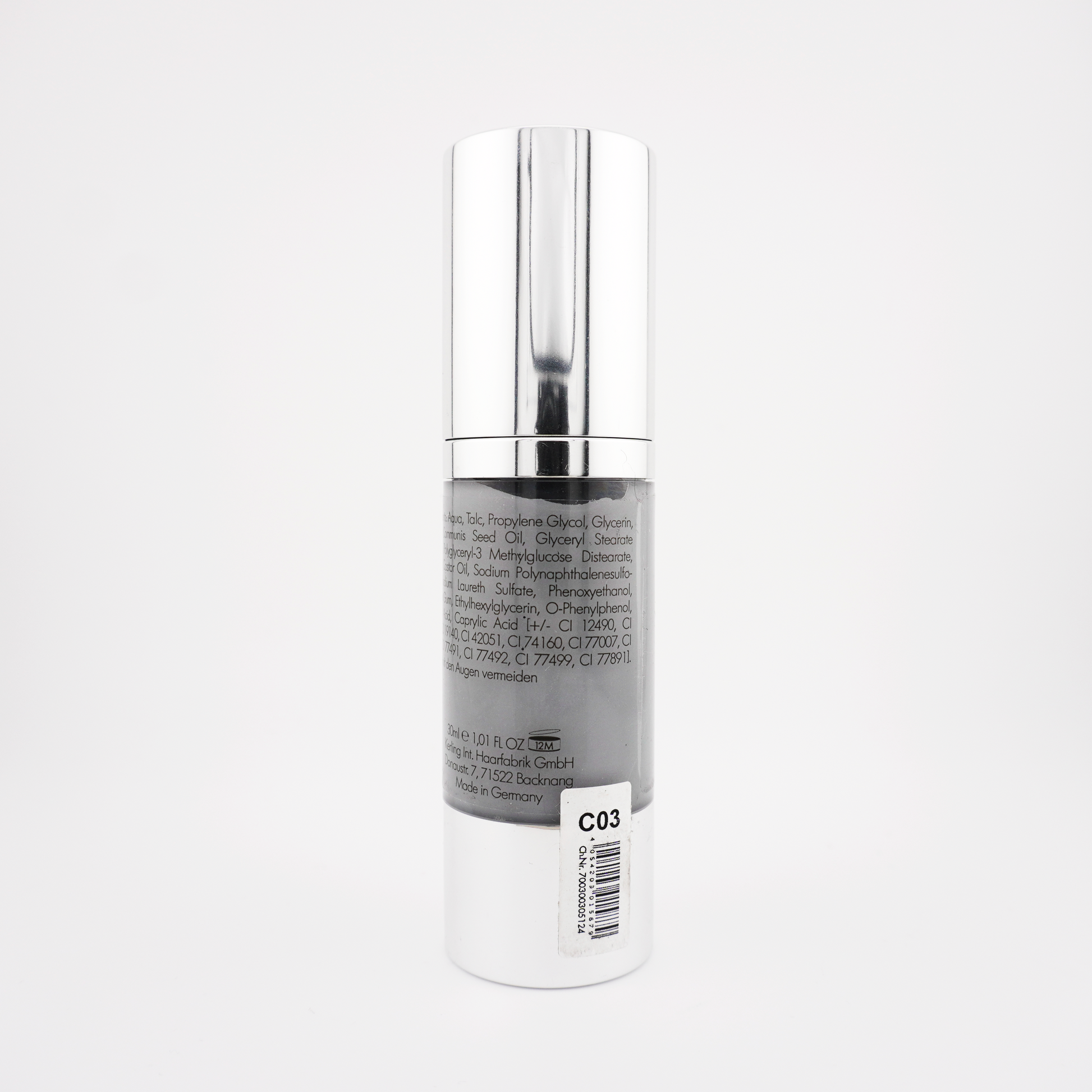 Vue arrière du flacon Kiomi AquaCream C03 – Gris, bouchon fermé, étiquette visible, bodypaint à base d’eau pour visage et corps, maquillage FX.