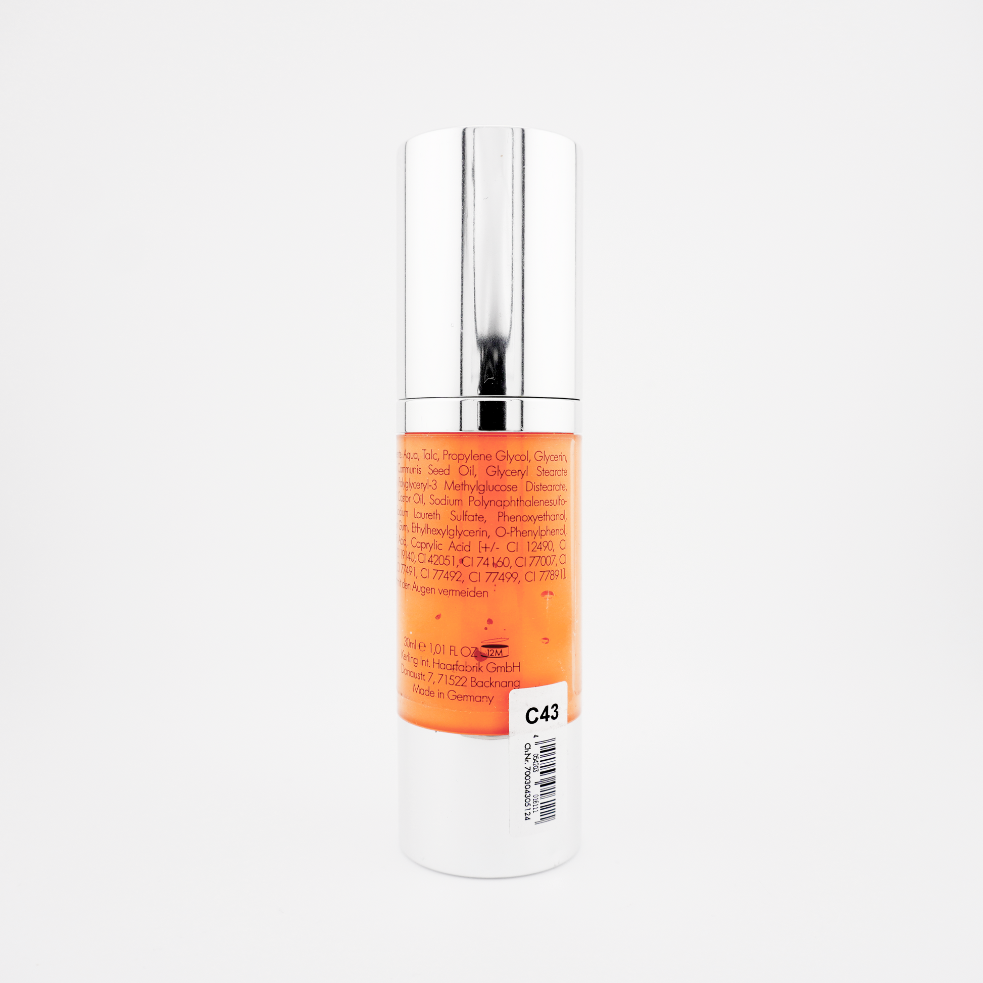 Vue arrière du flacon Kiomi AquaCream C43 – Orange, bouchon fermé, étiquette visible, peinture corporelle à base d’eau pour visage et corps.