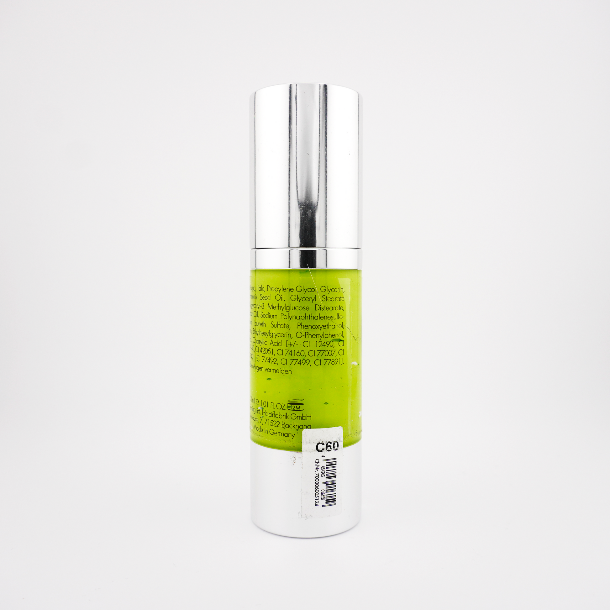 Vue arrière du flacon Kiomi AquaCream C60 – Vert clair, bouchon fermé, informations produit visibles, bodypaint pour visage et corps.