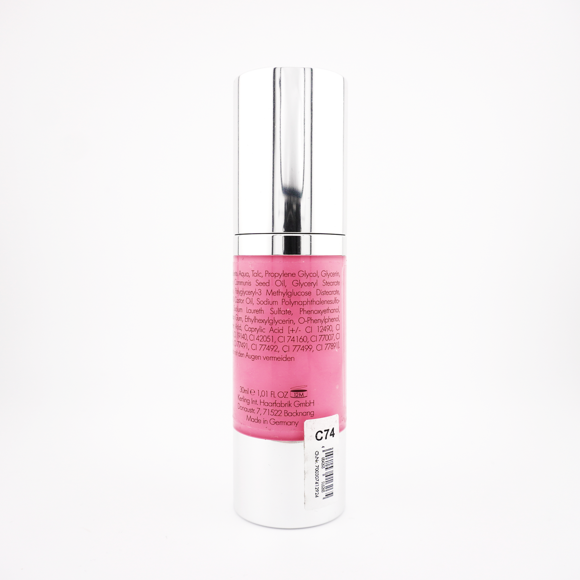 Vue arrière du flacon Kiomi AquaCream C74 – Rose, bouchon fermé, étiquette visible, bodypaint à base d’eau pour visage et corps.