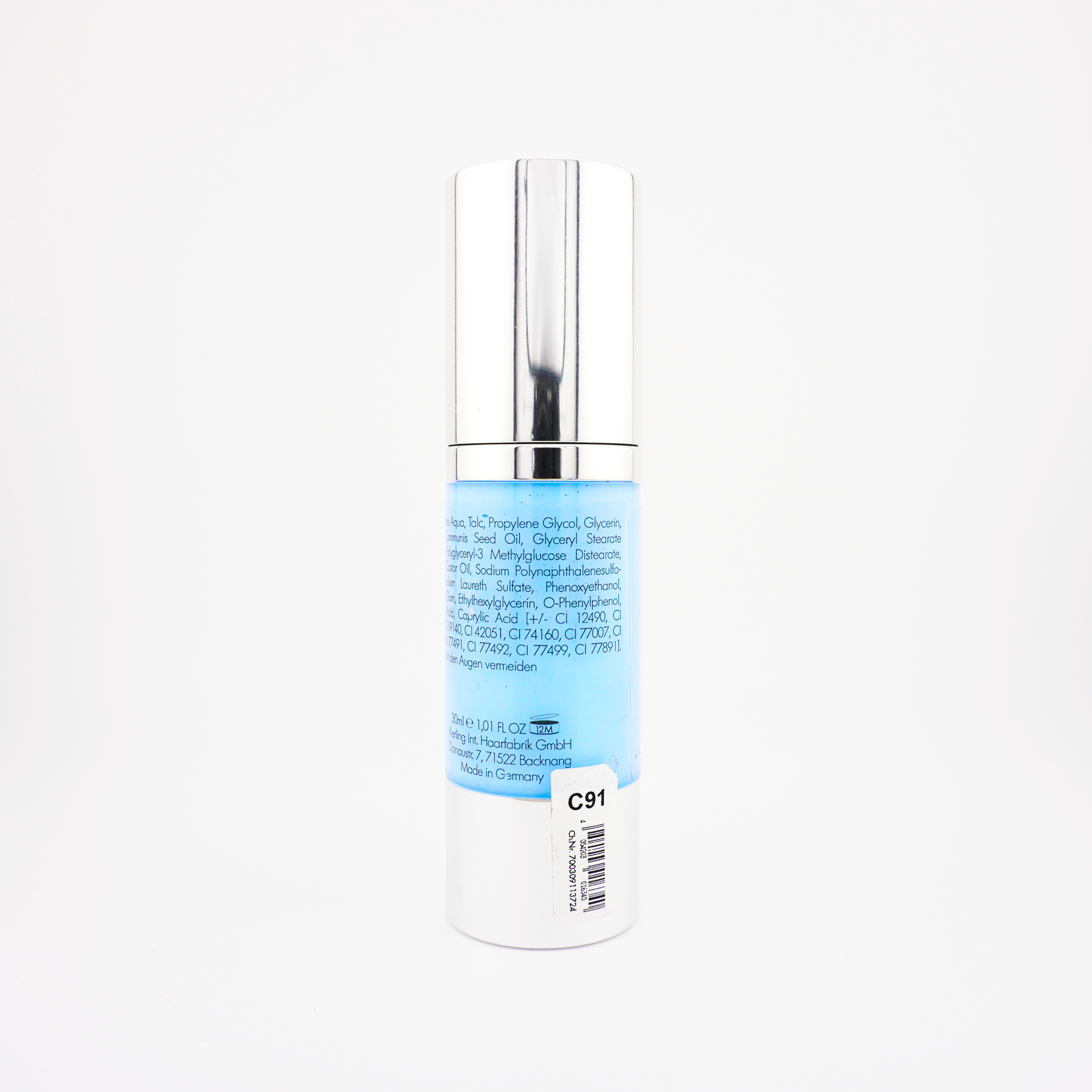 Vue arrière du flacon Kiomi AquaCream C91 – Bleu clair, bouchon fermé, étiquette informative visible, maquillage à base d’eau pour visage et corps.