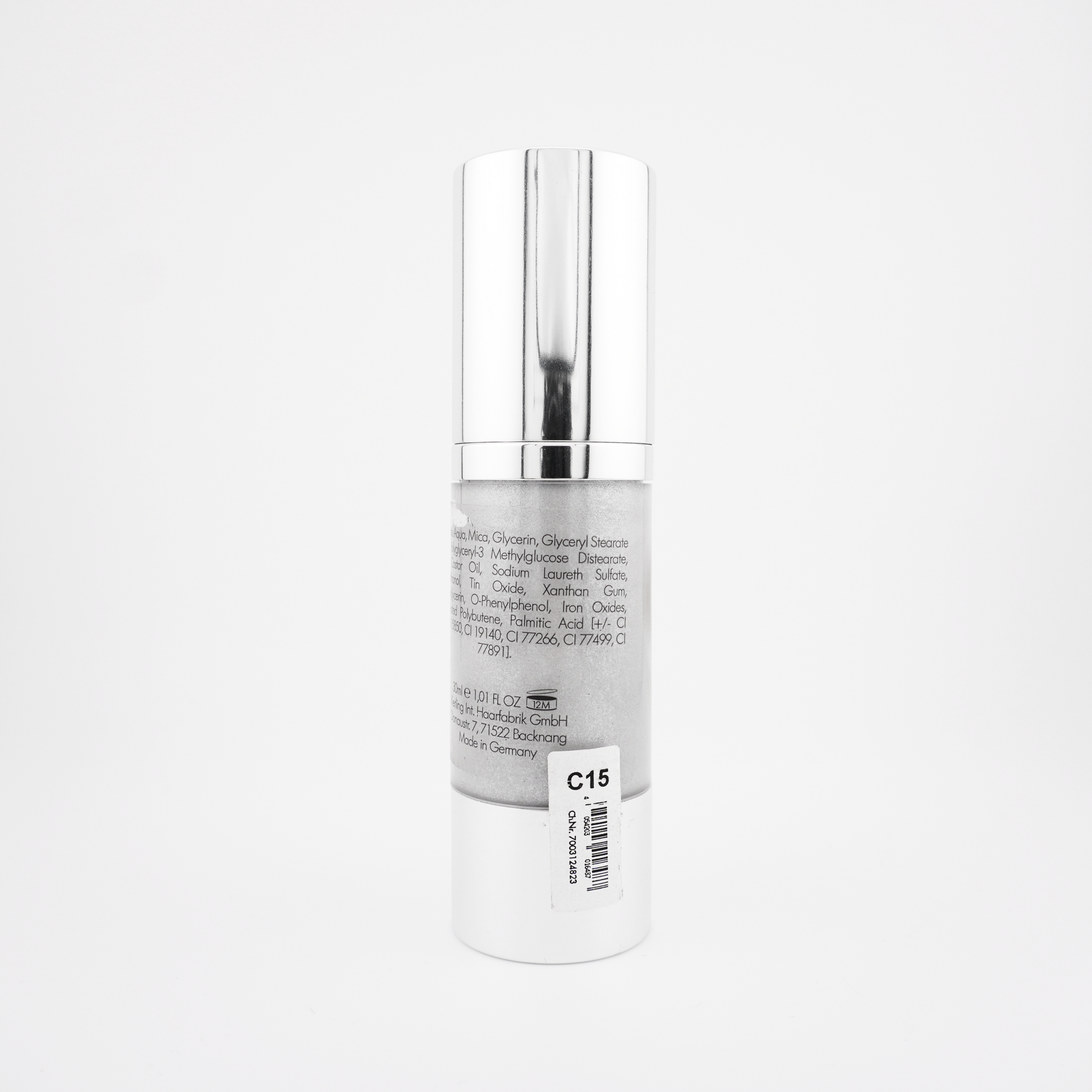 Vue arrière du flacon Kiomi AquaCream Metal C15 – Argent, bouchon fermé, étiquette visible, bodypaint visage et corps à effet métallique.