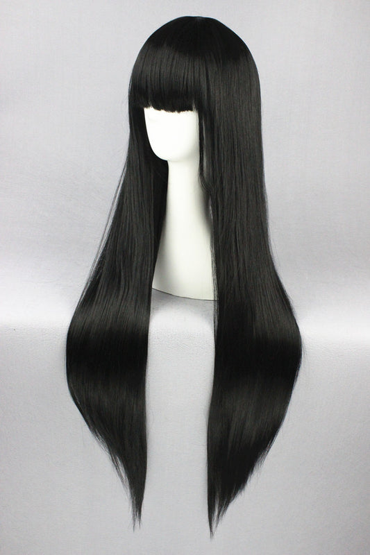 Perruque longue 80 cm - Noire - Frange courte