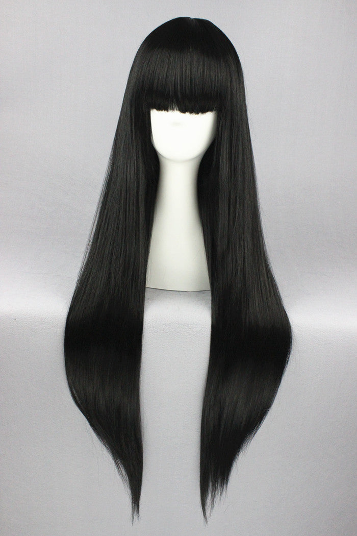 Perruque longue 80 cm - Noire - Frange courte