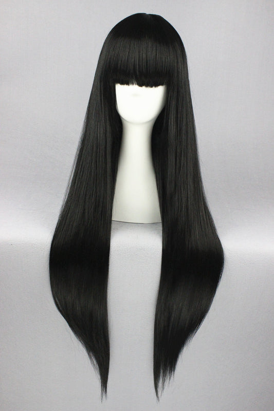 Perruque longue 80 cm - Noire - Frange courte