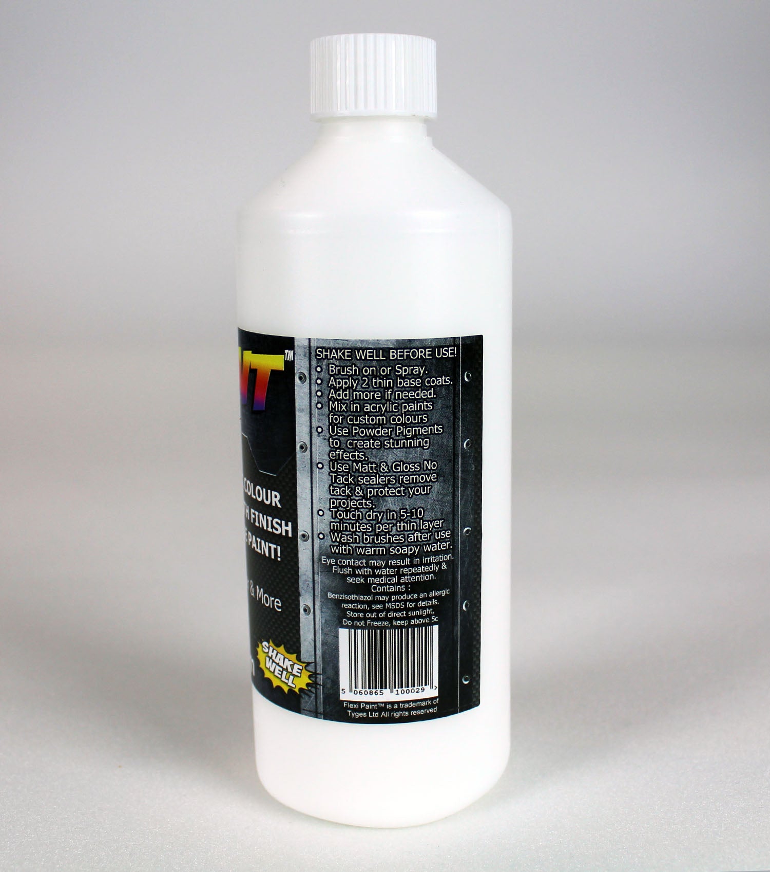 Dos du flacon Flexi Paint Clear – informations techniques et composition de la peinture cosplay transparente, souple et résistante.