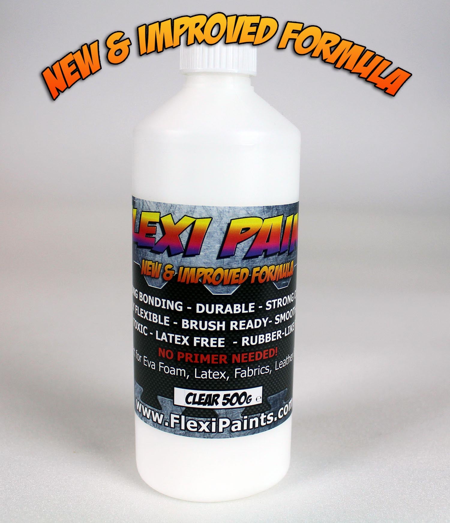 Photo du flacon de Flexi Paint Clear 250g, face avant, étiquette visible – peinture transparente flexible à base d’eau pour mousse EVA et Worbla.