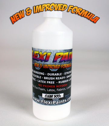 Photo du flacon de Flexi Paint Clear 250g, face avant, étiquette visible – peinture transparente flexible à base d’eau pour mousse EVA et Worbla.