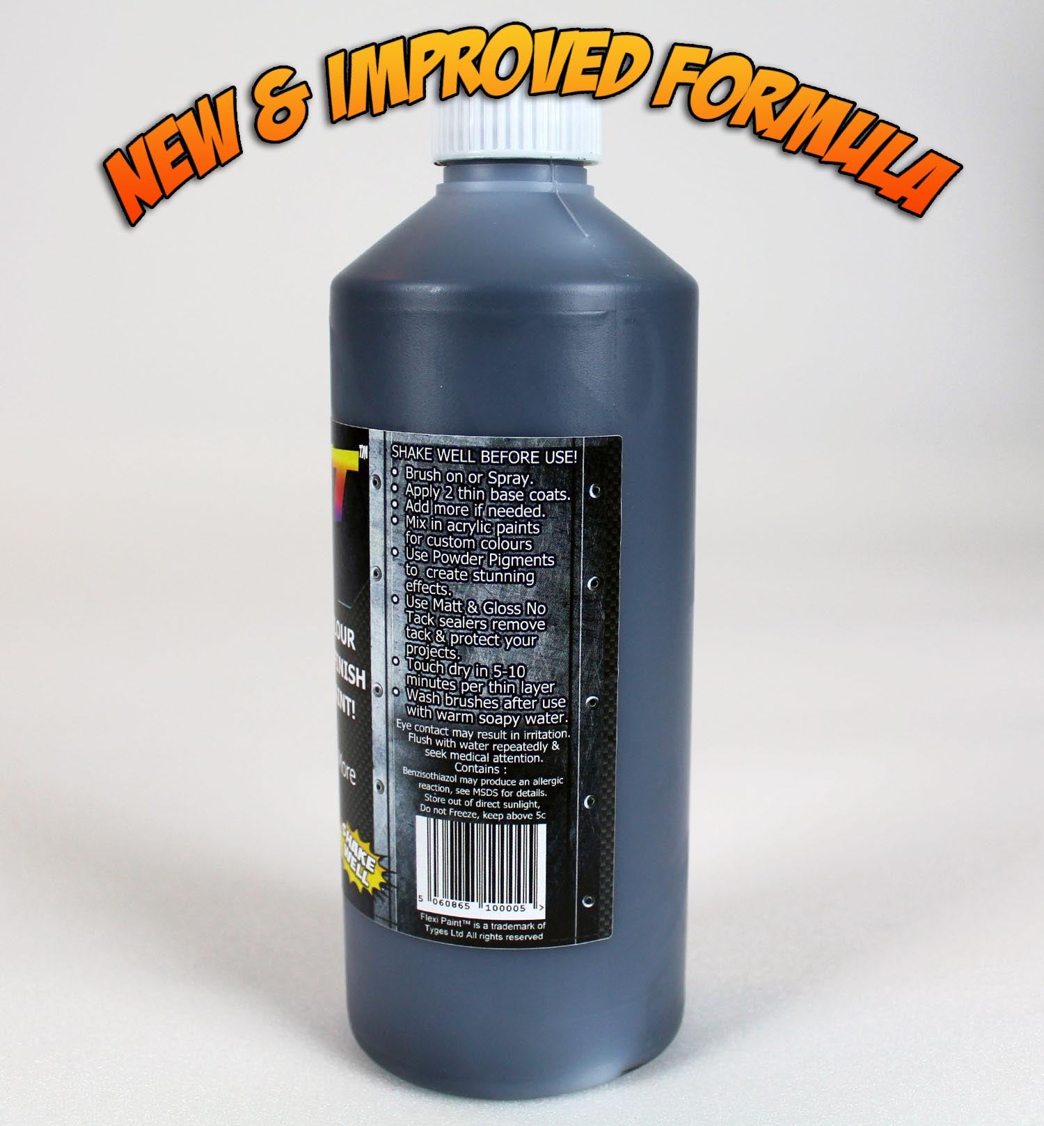 Vue arrière de la bouteille 500g du Flexipaint Noir, peinture noire résistante pour thermoplastique et mousse