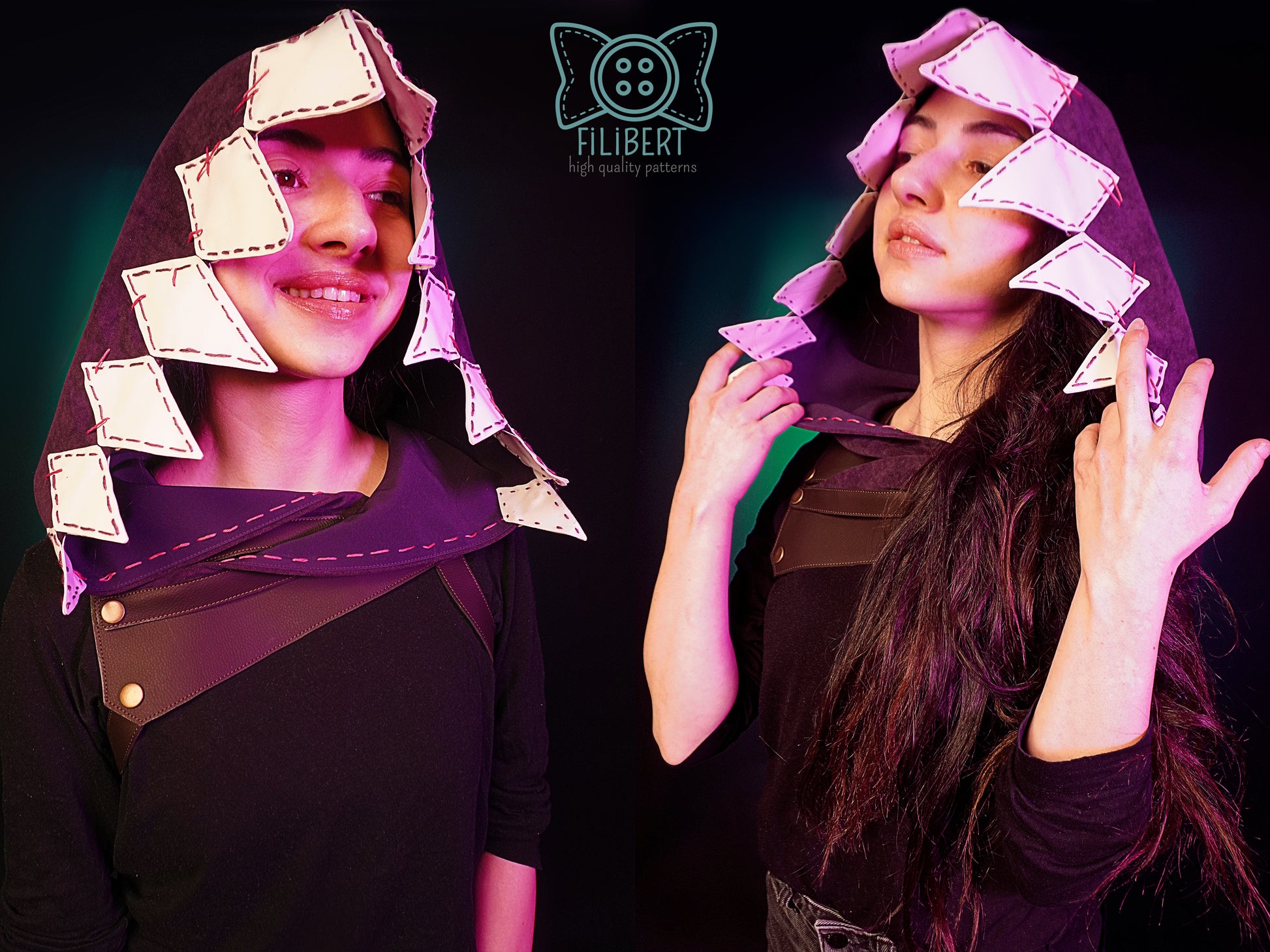 Capuche cosplay inspirée Jinx vue de biais avec harnais en similicuir
