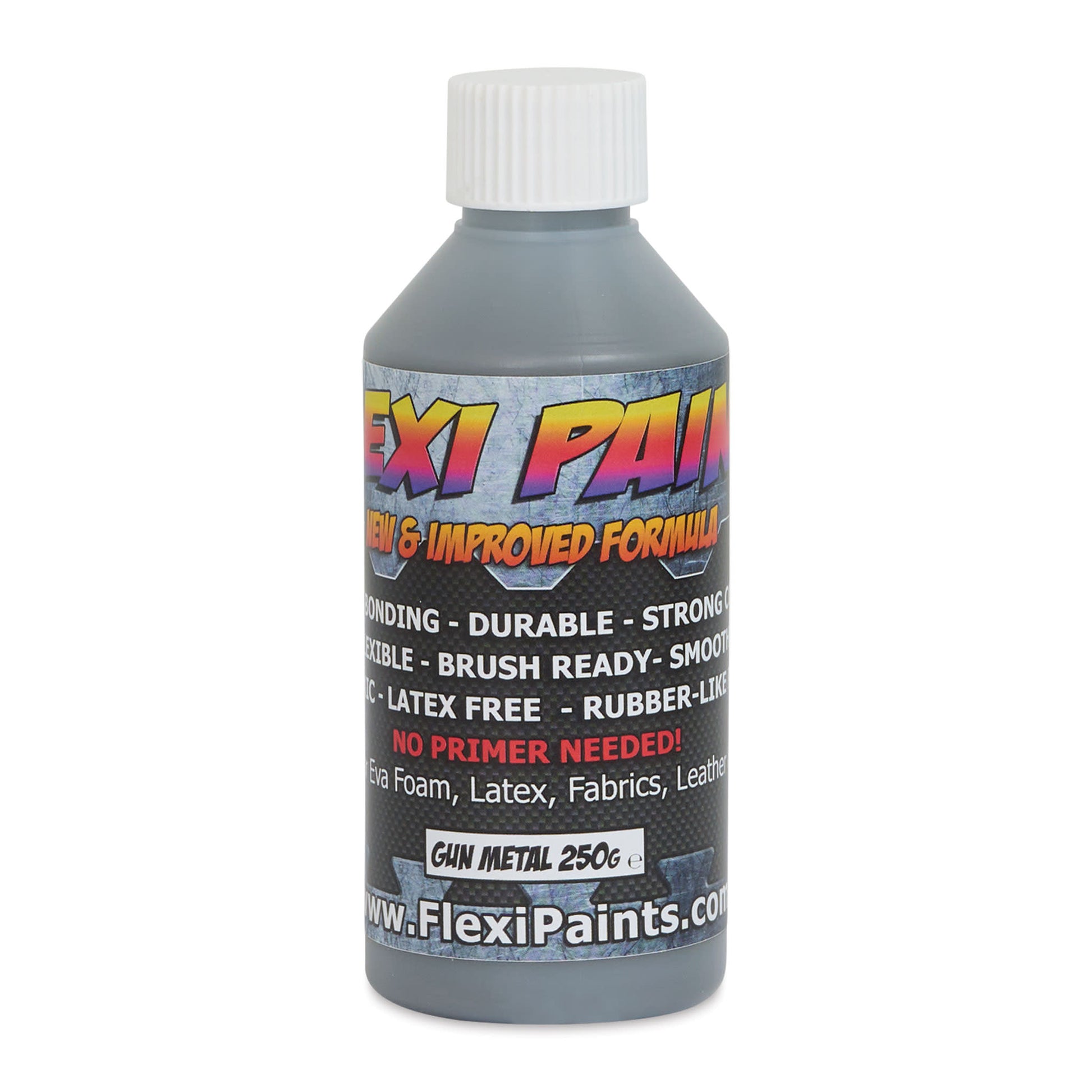 Petite bouteille de Flexipaint Gun Metal 250g – peinture flexible couleur acier pour petits projets cosplay.