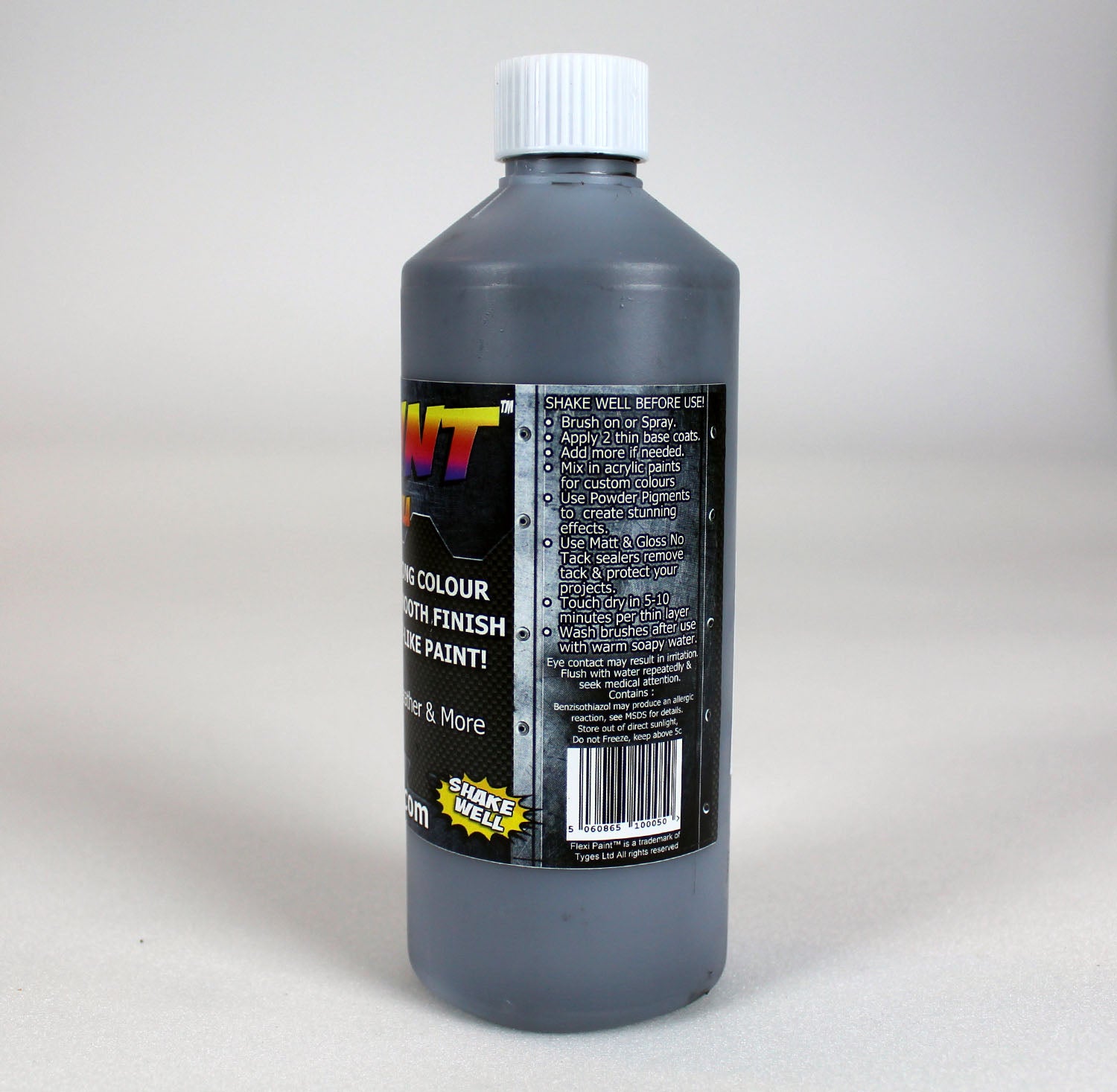 Étiquette arrière du pot Flexi Paint Gun Metal 500g – infos techniques sur la peinture effet métal à base d’eau.