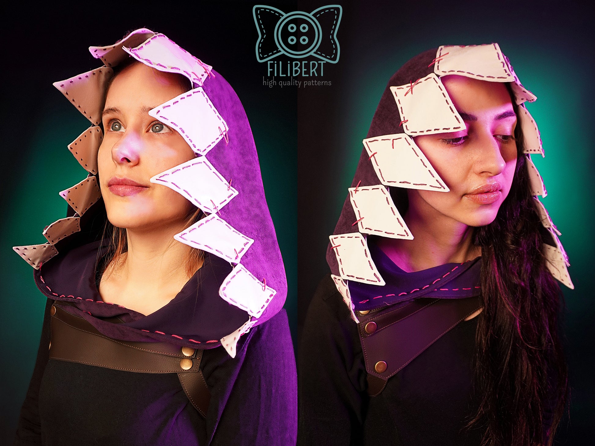 Capuche cosplay inspirée Jinx vue de face avec harnais en similicuir