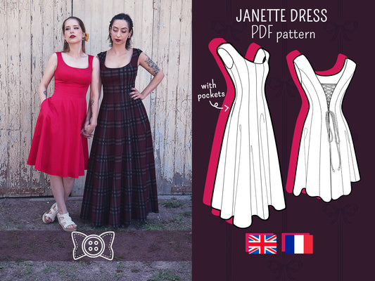 Patron PDF robe Janette cottagecore avec dos lacé et jupe évasée