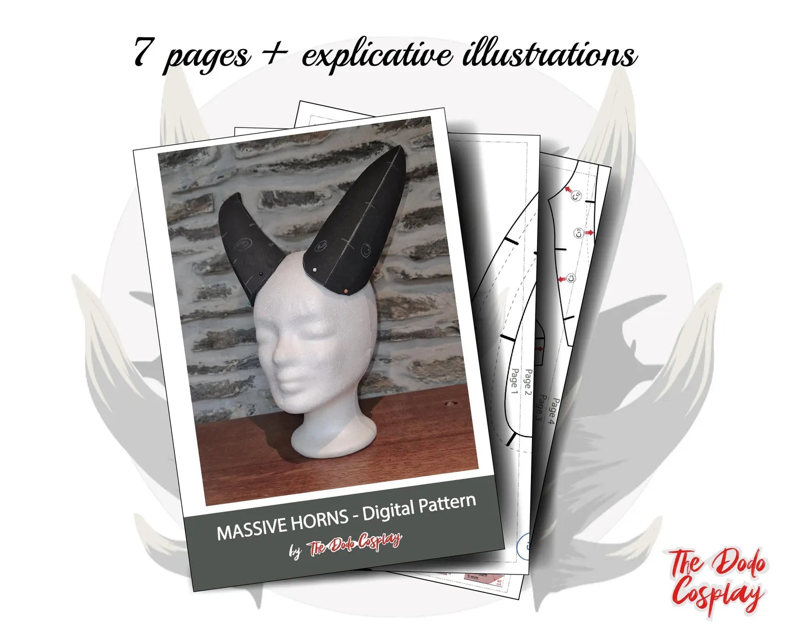 Aperçu du nombre de pages du patron cornes massives en PDF – tutoriel prêt à imprimer pour cosplay
