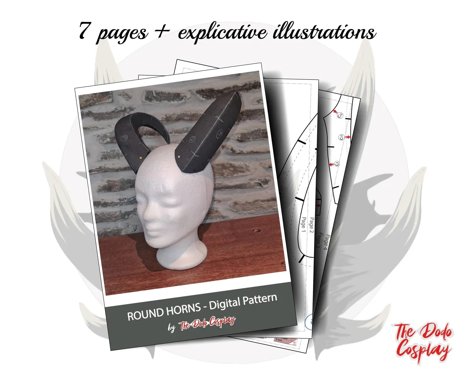 Aperçu du nombre de pages du patron PDF cornes rondes – tutoriel prêt à imprimer pour cosplay