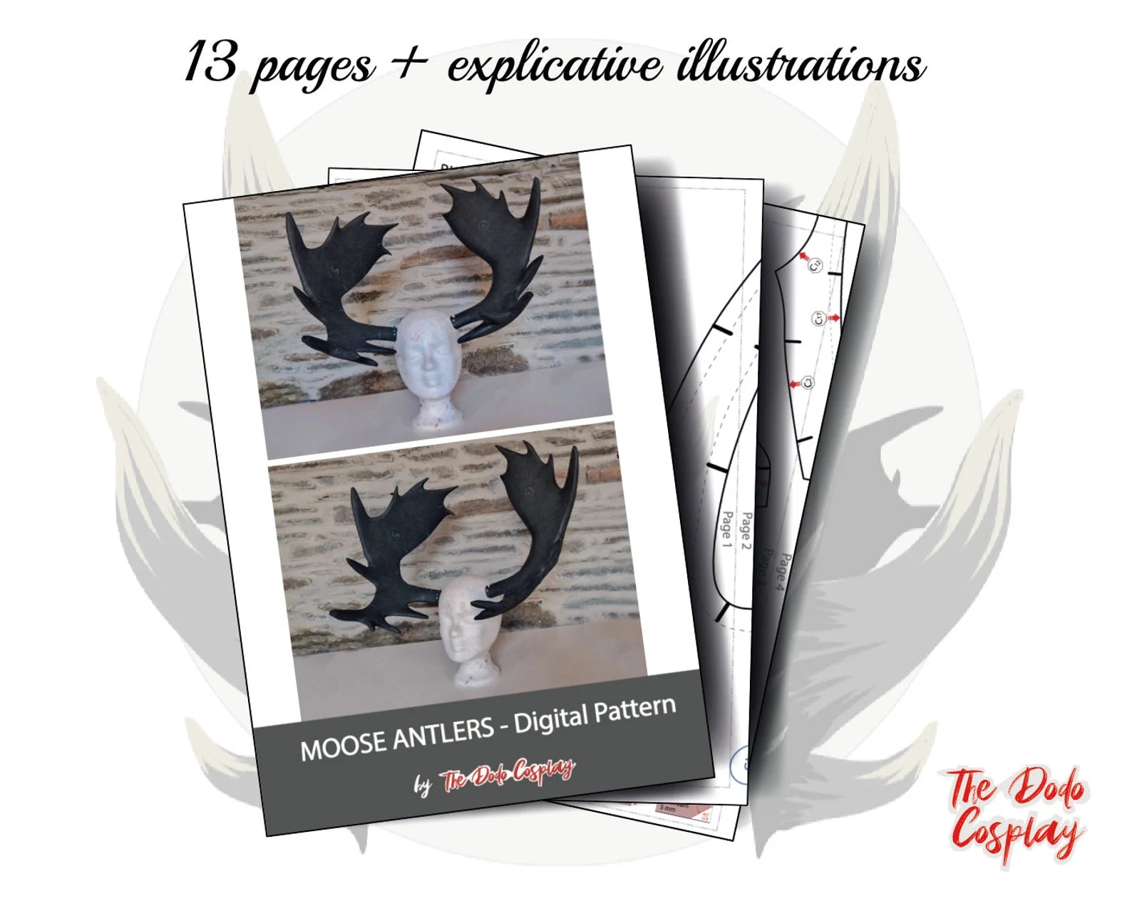 Contenu du patron PDF grands bois d’élan par TheDodoCosplay – tutoriel complet pour makers